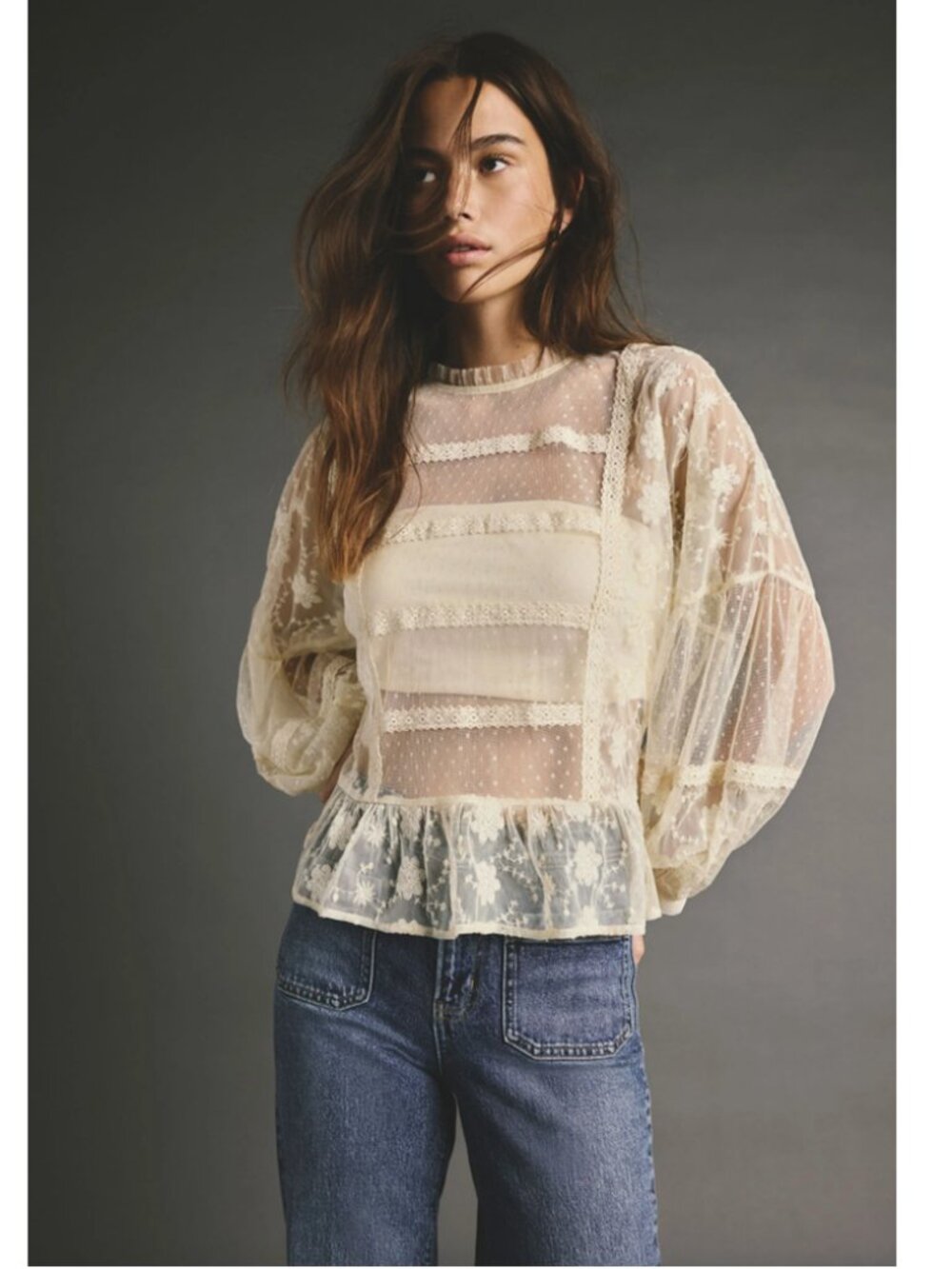 Ultra Pink Sheer Lace Peplum Blouse in Cream
